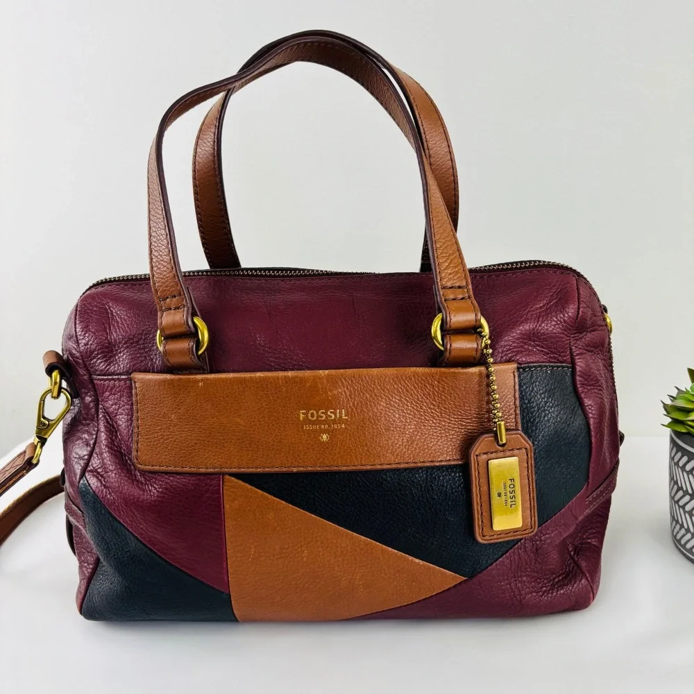 Fossil Burgundy Brown Leather Geometric‎ Patchwork Satchel Crossbody Bag